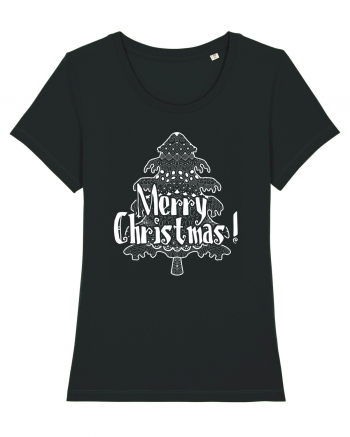 Merry Christmas Tree White Embroidery Black