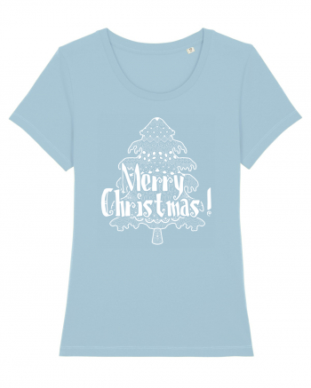 Merry Christmas Tree White Embroidery Sky Blue