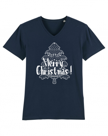 Merry Christmas Tree White Embroidery French Navy
