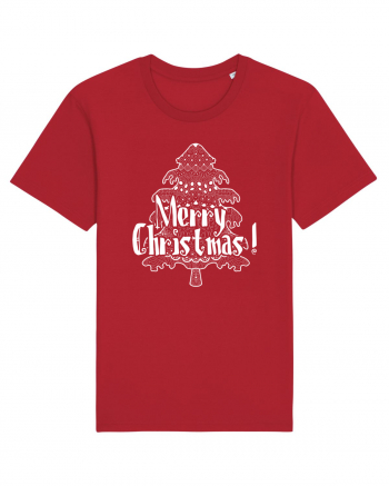 Merry Christmas Tree White Embroidery Red
