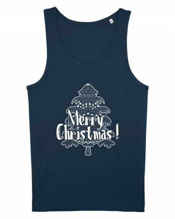 Merry Christmas Tree White Embroidery Navy