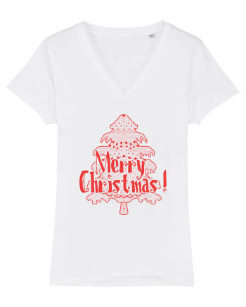 Merry Christmas Tree Red Embroidery White