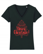 Merry Christmas Tree Red Embroidery Tricou mânecă scurtă guler V Damă Evoker