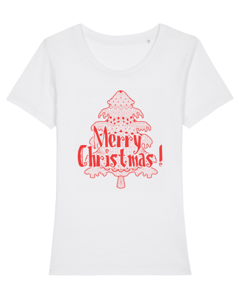 Merry Christmas Tree Red Embroidery White