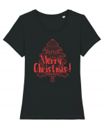 Merry Christmas Tree Red Embroidery Tricou mânecă scurtă guler larg fitted Damă Expresser