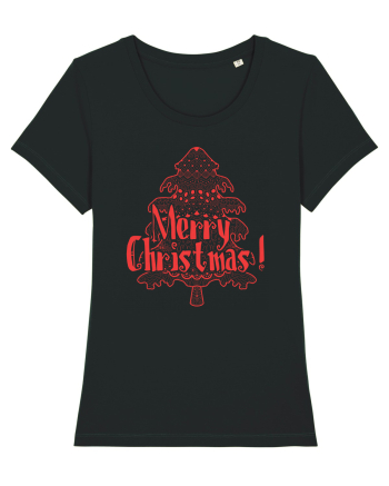 Merry Christmas Tree Red Embroidery Black