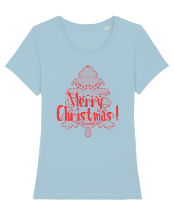 Merry Christmas Tree Red Embroidery Sky Blue