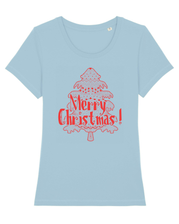 Merry Christmas Tree Red Embroidery Sky Blue