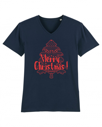 Merry Christmas Tree Red Embroidery French Navy
