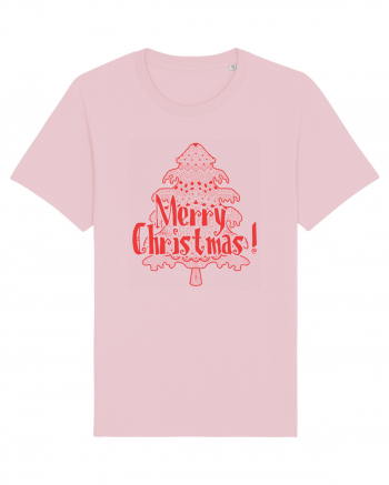 Merry Christmas Tree Red Embroidery Cotton Pink