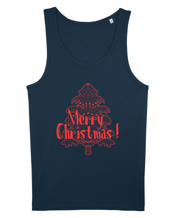 Merry Christmas Tree Red Embroidery Navy
