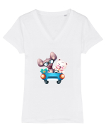Animale Masina Albastra Tricou mânecă scurtă guler V Damă Evoker