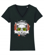 Owl Hipster Headphones Tricou mânecă scurtă guler V Damă Evoker