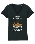 COFFEE AND HUSKY Tricou mânecă scurtă guler V Damă Evoker