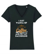 COFFEE AND DACHSHUND Tricou mânecă scurtă guler V Damă Evoker