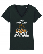 COFFEE AND BOSTON TERRIER Tricou mânecă scurtă guler V Damă Evoker