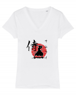 Siluetă Samurai (kanji și katakana) negru Tricou mânecă scurtă guler V Damă Evoker