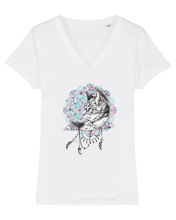 Pisică în Lună Dreamcatcher Mandala White