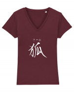 Vulpe în Japoneză (kitsune, hiragana și kanji) alb Tricou mânecă scurtă guler V Damă Evoker