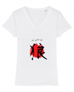 Lup în Japoneză (ookami, hiragana și kanji) negru și roșu Tricou mânecă scurtă guler V Damă Evoker