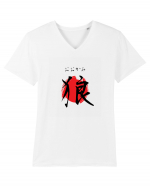 Lup în Japoneză (ookami, hiragana și kanji) negru și roșu Tricou mânecă scurtă guler V Bărbat Presenter