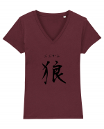 Lup în Japoneză (ookami, hiragana și kanji) negru Tricou mânecă scurtă guler V Damă Evoker