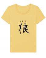 Lup în Japoneză (ookami, hiragana și kanji) negru Tricou mânecă scurtă guler larg fitted Damă Expresser