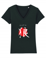 Lup în Japoneză (ookami, hiragana și kanji) alb și roșu Tricou mânecă scurtă guler V Damă Evoker