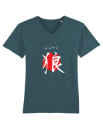 Lup în Japoneză (ookami, hiragana și kanji) alb și roșu Tricou mânecă scurtă guler V Bărbat Presenter