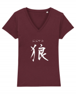 Lup în Japoneză (ookami, hiragana și kanji) alb Tricou mânecă scurtă guler V Damă Evoker