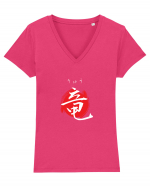 Dragon în Japoneză (ryuu, hiragana și kanji) alb și roșu Tricou mânecă scurtă guler V Damă Evoker