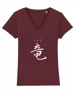 Dragon în Japoneză (ryuu, hiragana și kanji) alb Tricou mânecă scurtă guler V Damă Evoker