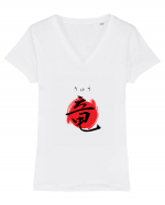 Dragon în Japoneză (ryuu, hiragana și kanji) negru și roșu Tricou mânecă scurtă guler V Damă Evoker