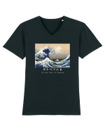 The Great Wave off Kanagawa (text alb) Tricou mânecă scurtă guler V Bărbat Presenter