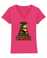 Funny Santa Claus Alien Tricou mânecă scurtă guler V Damă Evoker