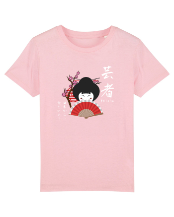 Geisha Kanji și Ilustrație (alb) Cotton Pink