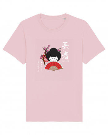 Geisha Kanji și Ilustrație (alb) Cotton Pink