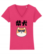 Shiba Inu Kanji (negru) Tricou mânecă scurtă guler V Damă Evoker