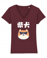 Shiba Inu Kanji (alb) Tricou mânecă scurtă guler V Damă Evoker