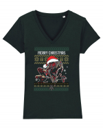 Merry Roar Christmas Angry Dinosaur Tricou mânecă scurtă guler V Damă Evoker