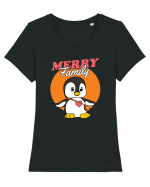 Pentru Crăciun în familie - Familia veselă, pinguin cu geantă Tricou mânecă scurtă guler larg fitted Damă Expresser