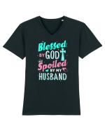 Blessed by God Spoiled by my husband Tricou mânecă scurtă guler V Bărbat Presenter