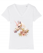 Watercolor Flower Unicorn Tricou mânecă scurtă guler V Damă Evoker