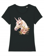 Watercolor Flower Unicorn Tricou mânecă scurtă guler larg fitted Damă Expresser