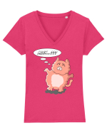Pisica grasă roz Meaw...??? Tricou mânecă scurtă guler V Damă Evoker