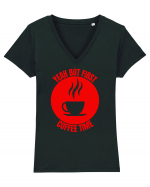 Yeah But First Coffee Tricou mânecă scurtă guler V Damă Evoker