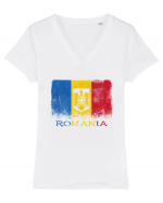 Romania Tricolor Tricou mânecă scurtă guler V Damă Evoker