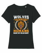 Wolves Make Me Happy Humans Make Me Head Hurt Tricou mânecă scurtă guler larg fitted Damă Expresser