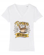 Power Up with Coffee Tricou mânecă scurtă guler V Damă Evoker