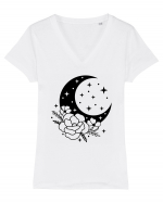 Mystic Moon Flowers bw Tricou mânecă scurtă guler V Damă Evoker